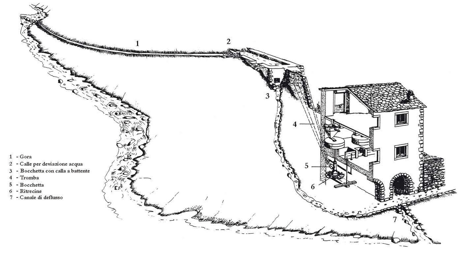 Schema del percorso dell'acqua dal torrente al mulino: gora, bocchetta, tromba e ritrecine